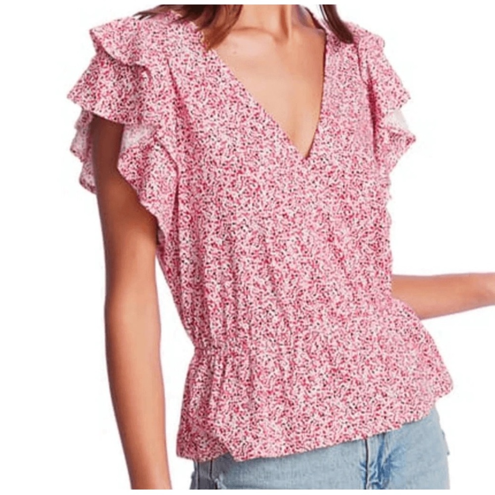 1.State Foral Ditsy Cross Front Passion Pink Flutter Sleeve Blouse